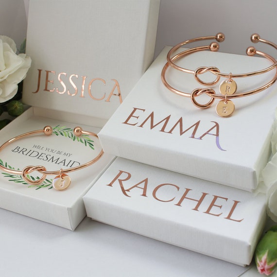 Bridesmaids Knot Bracelet Rose Gold Gold and Silver Hand Stamped Initial on Disc Bridesmaid Gift Bridesmaid Proposal Custom Name Etsy