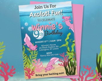 Axolotl Birthday Invitation, Kid's Birthday Invitation, Children's Birthday Invitation, Birthday Invites