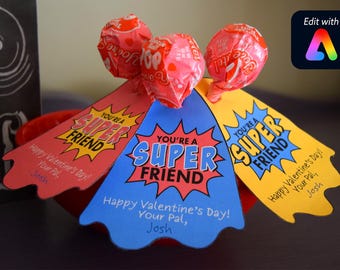 Super Hero Lollipop Valentine, You're A Super Friend, Children's Valentines, Kids Valentines, School Valentine, Classroom Valentine