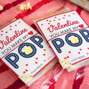 Popcorn Valentine Bag Tags, Valentine You Make My Heart Pop, Children's Valentines, Kids Valentines, School Valentine, Classroom Valentine