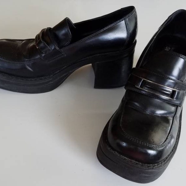 Vtg Rare 90s Skechers Black Chunky Heel Platforms