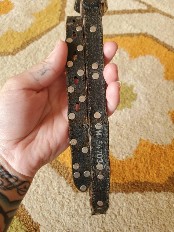 1996 Stamped Metal & Leather Belt, Sz 29-32.5in - image 6