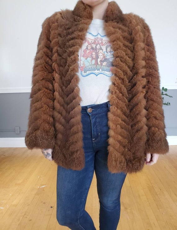 Vtg Brown Chevron Possum Fur Coat - image 3