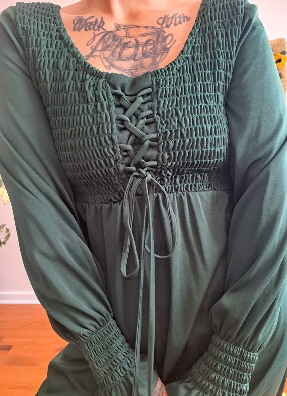 60s/70s Green Smocked Lace Up Maxi Dress - image 4