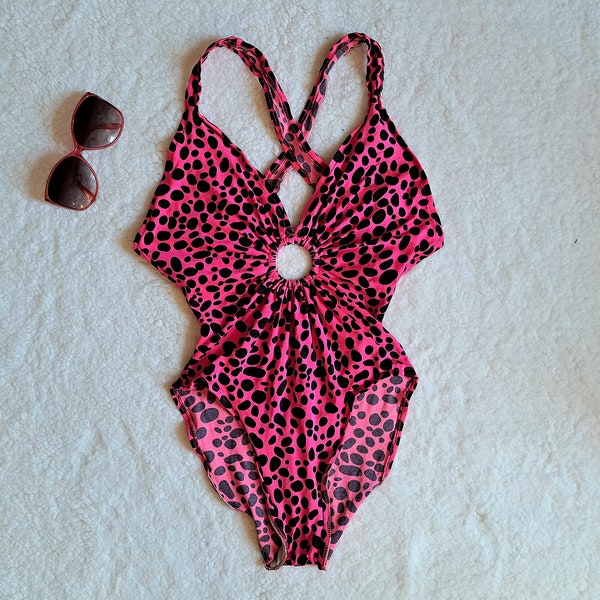 MOST AMAZING 80s Bill Blass Keyhole Hot Pink Cheetah Print Swimsuit