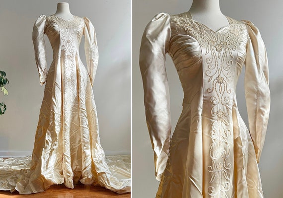 1940s Beaded Satin Wedding Gown - image 1