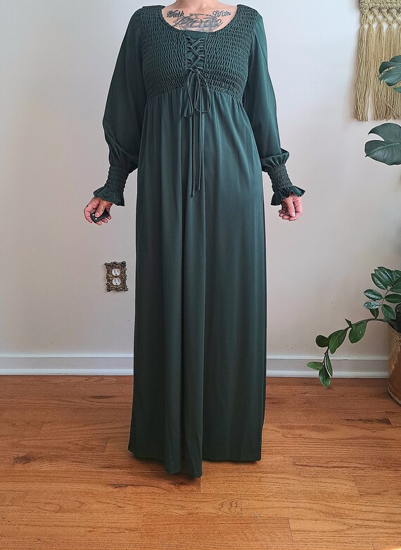 60s/70s Green Smocked Lace Up Maxi Dress - image 2