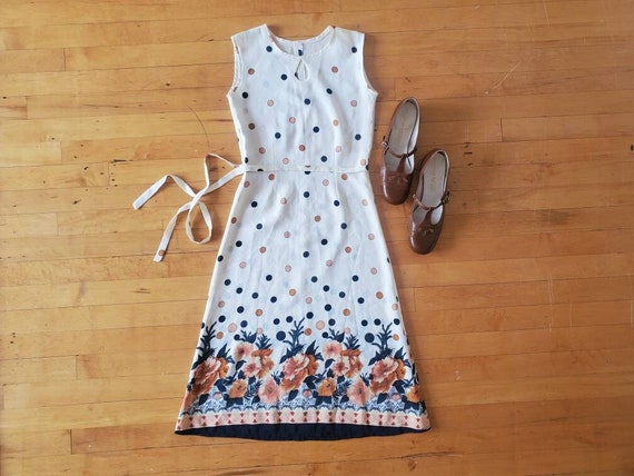 60s/70s Handmade Polkadot & Floral Sleeveless Dre… - image 1