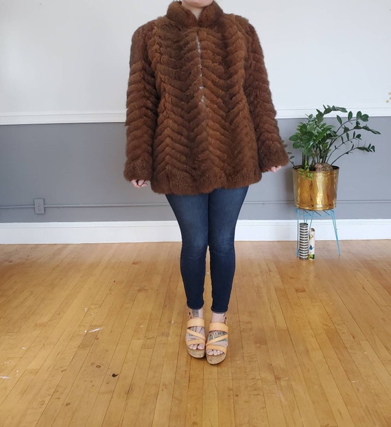 Vtg Brown Chevron Possum Fur Coat - image 1