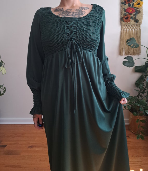 60s/70s Green Smocked Lace Up Maxi Dress - image 3