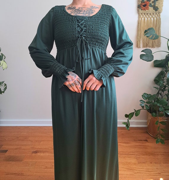 60s/70s Green Smocked Lace Up Maxi Dress - image 1
