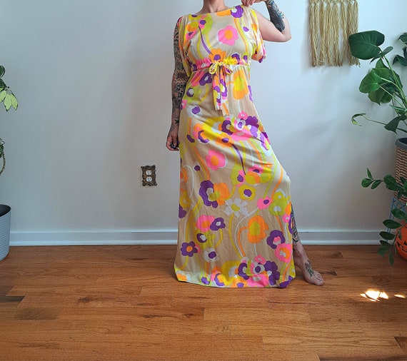 60s/70s Cole of California Floral Maxi Dress w/ G… - image 1