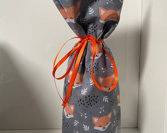 Handmade fabric bottle bag, grey foxes, gift bag