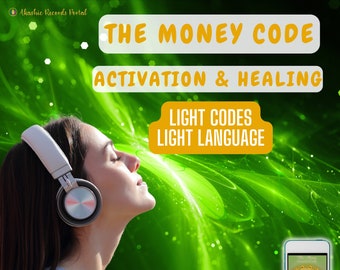 May include: A woman wearing headphones listens to an audio recording of light codes and light language for money activation and healing. The audio player is a white smartphone with a colorful graphic on the screen. The background is a green and yellow abstract design.