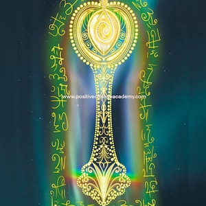 Può includere: Una chiave dorata con dettagli intricati e un design a spirale nella parte superiore. La chiave è circondata da uno sfondo blu e verde con un effetto arcobaleno. Il testo "www.positivechangeacademy.com" è visibile nella parte inferiore dell'immagine.