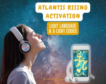 May include: A woman wearing headphones listens to an audio recording of light language and light codes on a smartphone. The phone screen displays a glowing symbol against a starry background. The text on the screen reads "Atlantis Rising Activation Light Language & 5 Light Codes".