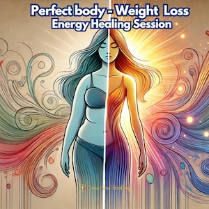 Op de afbeelding: Een digitale illustratie van een vrouw met twee lichamen, een groter en een kleiner, die gewichtsverlies voorstellen. De vrouw staat voor een kleurrijke achtergrond met spiralen en lijnen. De tekst "Perfect body - Weight Loss Energy Healing Session" staat bovenaan de afbeelding.