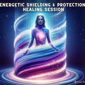 May include: A woman is surrounded by swirling blue and purple light, creating a protective shield around her. The light is filled with sparkling particles, and the woman's heart is glowing with a galaxy-like pattern. The image is set against a dark blue background with stars.