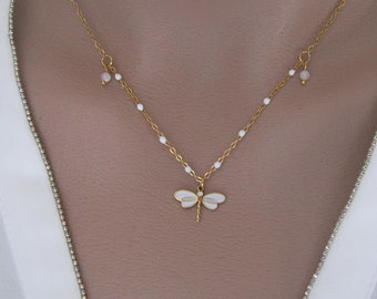 Necklace Fine Chain Pendant Dragonfly Stainless Steel Gold &quot;Gold&quot; White Moonstone Genuine Gift Birthday Christmas Woman Girl Friend