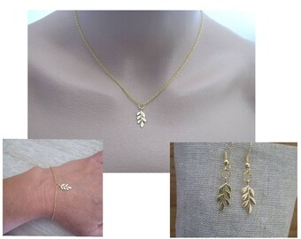 Adornment Necklace Bracelet Earrings Chain Pendant Leaf Fine Nature Golden &quot;Gold&quot;