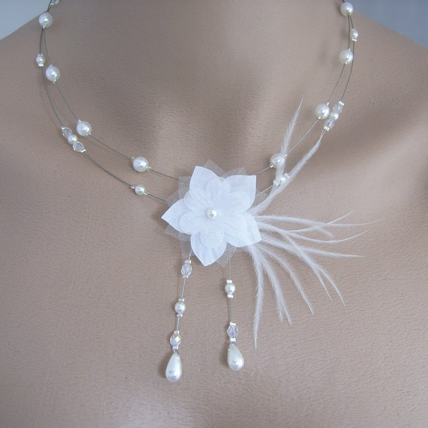 Collier Original Blanc/Cristal/Strass pr robe de Mariée/Mariage/Soirée/Cérémonie/Coktail Fleur Plumes Perles (petit prix, pas cher)