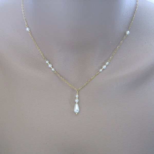 Collier de perles Mariage Mariée Cérémonie Soirée Blanc Ivoire clair "Or" Doré Acier Inoxydable verre style perle de culture nacrées Femme