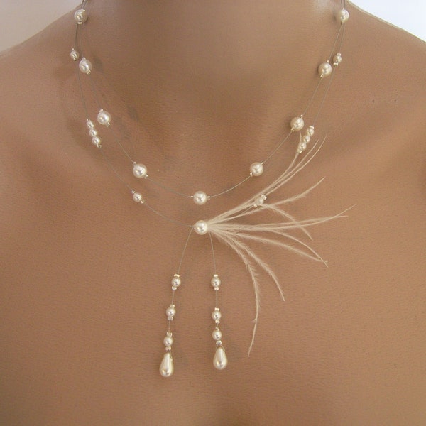 Collier Original Blanc/Ivoire Plumes d'Autuche pr robe de Mariée/Mariage/Soirée/Cérémonie/Coktail Perles, Elégant, Création Française