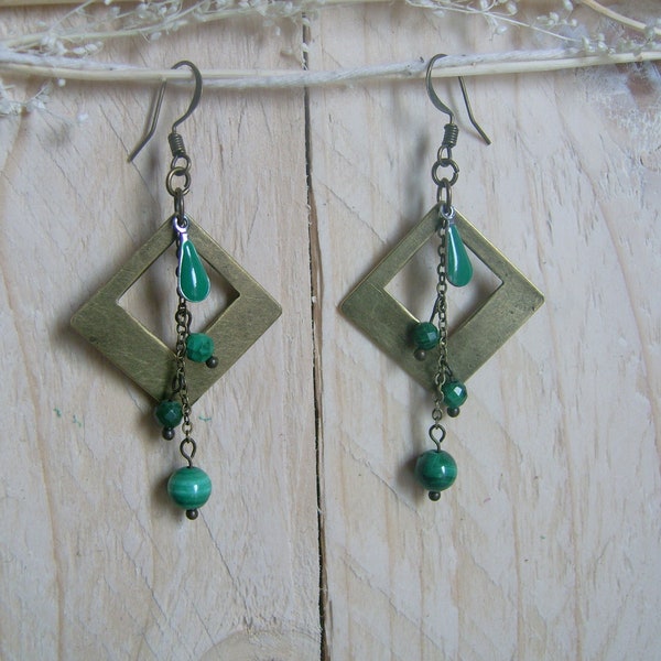 Boucles d'Oreilles Originales Pendantes Pierre Naturelle Malachite véritable Vert Emeraude Crochet bronze marron Forme géométrique carré