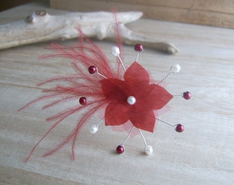 Picks/Jewelry/Pins/Bun Clips Hair Accessory for Dress Bride/Wedding/Evening/Ceremony/Cocktail Ivory/Burgundy Red Flower Feather