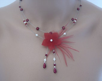 Collier Mariage Mariée Couleur personnalisable Rouge Bordeaux Vin/Ivoire clair Blanc Soirée/Cérémonie/Coktail Fleur Plumes Perles Original