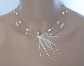 Collier Original Mariage Mariée Blanc/Ivoire Couleur personnalisable Plume d'Autuche pr robe Mariée/Soirée/Cérémonie/Coktail Perles, Elégant