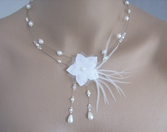 Collier Original Blanc/Cristal/Strass pr robe de Mariée/Mariage/Soirée/Cérémonie/Coktail Fleur Plumes Perles (petit prix, pas cher)