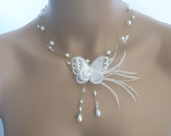 Butterfly Necklace Lace Feathers White/Light Ivory/Crystal Bridal/Wedding/Evening/Ceremony/Cocktail Original Jewel Oïana French Creation