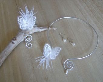 Butterfly jewelry set Necklace bracelet earrings White/Ivory Bridal/Wedding/Evening/Ceremony/Cocktail pearl Oïana Boho creation