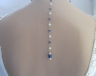 Bijou/Chute de dos 15 cm pr collier (non fourni) Mariée/Mariage Ivoire Clair/Blanc Bleu roi royal marine Perles Longueur personnalisable