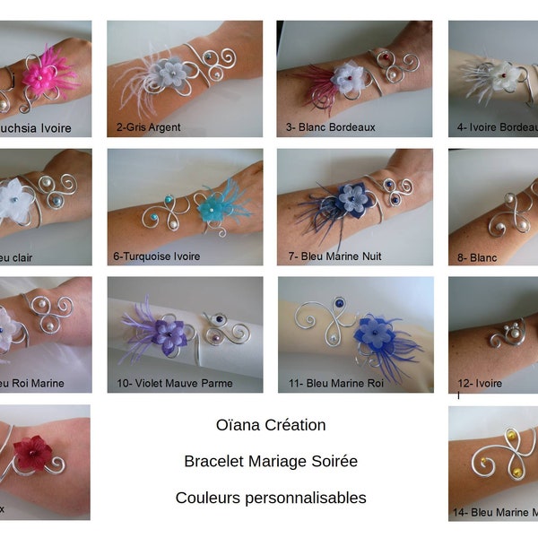 Bracelet Perles Fleurs Plume Couleur(s) au choix personnalisables p Robe de Mariée/Mariage/Soirée Ivoire Blanc Bordeaux Bleu Rose Violet