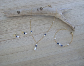 Customizable set of women's jewelry Necklace Bracelet Earrings White Ivory Royal Blue Navy Golden Gold Bridal/Wedding/Ceremony