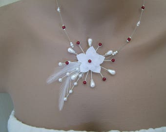 Collier original Blanc/Bordeaux rouge p Robe de Mariée/Mariage/Soirée/Cérémonie/Cocktail plume Fleur perles ( pas cher, petit prix)