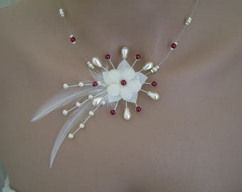 Collier Original Ivoire/Crème/Ecru/Beige clair/Blanc cassé/Rouge Bordeaux p robe de Mariée/Mariage/Soirée/Cérémonie plumes Fleur perles