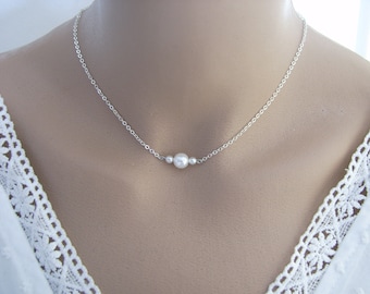 Collier Chaîne Perle nacrée Blanc/Ivoire Argenté/Couleur Argent (p robe de) Mariée/Mariage/Soirée/Cérémonie/Coktail imitation perle culture