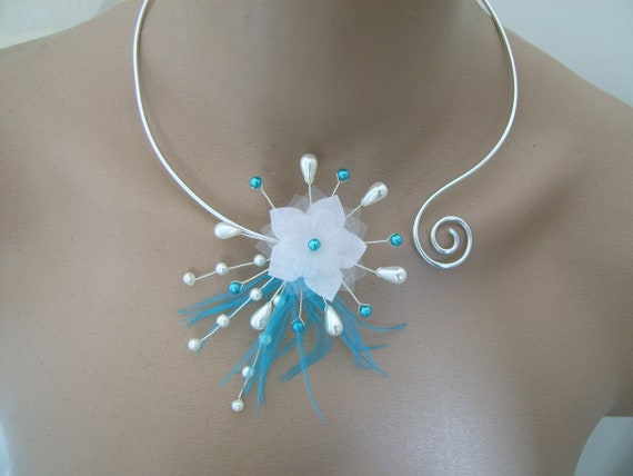 Collier Fantaisie Turquoise Et Ivoire - Pour Robe De Mariée, Soirée - Verre - Neuf Avec étiquettes