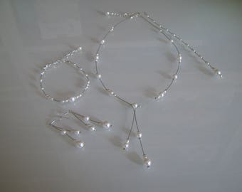 Parure bijoux original Collier bracelet boucles d'oreille dos Blanc /ou ivoire Mariée/Mariage/Soirée/Cérémonie/Cocktail robe perles pas cher