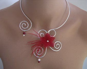 Collier Mariage Mariée Couleur Personnalisable femme bijoux Blanc Ivoire Rouge Bordeaux Argenté Vin Mariée/Mariage/Cérémonie/ Fleur  Perles