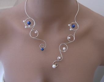 Collier Femme Personnalisable Bleu roi/royal/saphir/marine/argenté/argent/ivoire/Blanc  Mariée/Mariage/Soirée/Cérémonie/Cocktail ( robe)