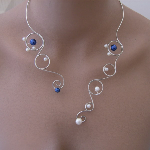 Collier Femme Personnalisable Bleu roi/royal/saphir/marine/argenté/argent/ivoire/Blanc  Mariée/Mariage/Soirée/Cérémonie/Cocktail ( robe)