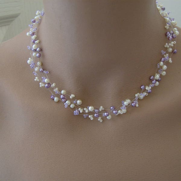 Collier Original Ivoire/Crème/Ecru/Violet clair/Mauve/Parme p robe de Mariée/Mariage/Soirée/Cérémonie/Coktail, perles nacrées (pas cher)