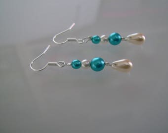 Boucles d'Oreille Bleu Turquoise/Ivoire (dispo en blanc/turquoise)  p robe d Mariée/Mariage/Soirée  (clips possible) perles