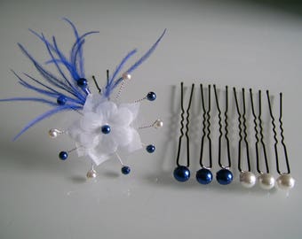 Lot Pic/Bijou/Epingles/ Pinces Chignon Cheveux accessoire Bleu Roi Electrique Royale Marine/ Blanc p robe  Mariée/Mariage/Soirée Coktail