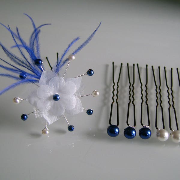 Lot Pic/Bijou/Epingles/ Pinces Chignon Cheveux accessoire Bleu Roi Electrique Royale Marine/ Blanc p robe  Mariée/Mariage/Soirée Coktail