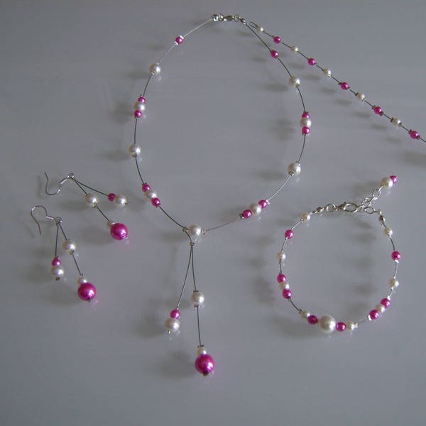 Parure Mariage Mariée Couleur Personnalisable Collier Bracelet boucles d'oreille bijou de dos Blanc Ivoire Clair/Rose Fuchsia personnalisé